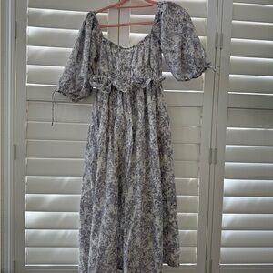 Moodie Blue and White Floral Midi Dress with Puff Sleeves from Morning Lavendar